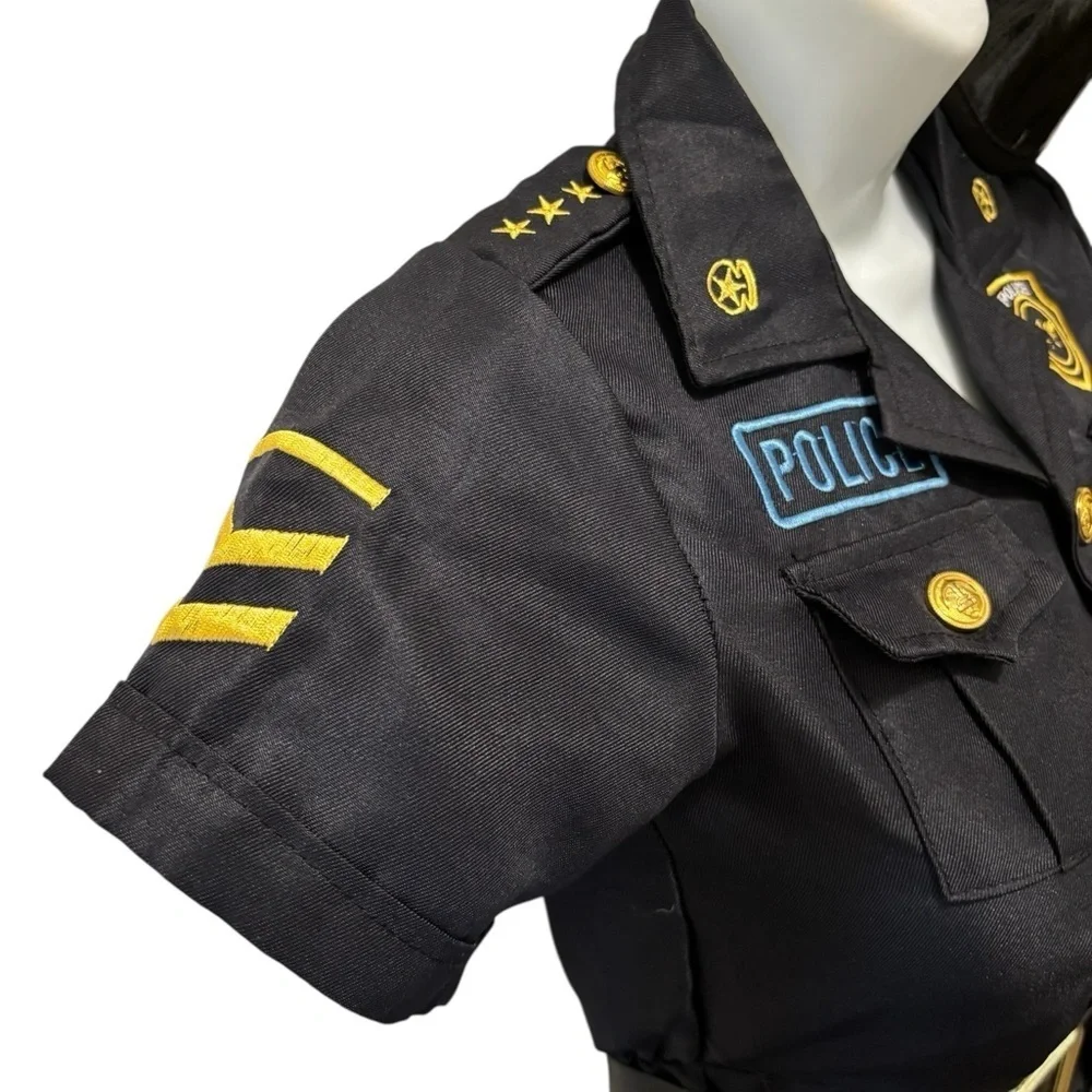Halloween Police Officer Pleated Dress & Hat Sz Girls M 8/10 Black Belted Party